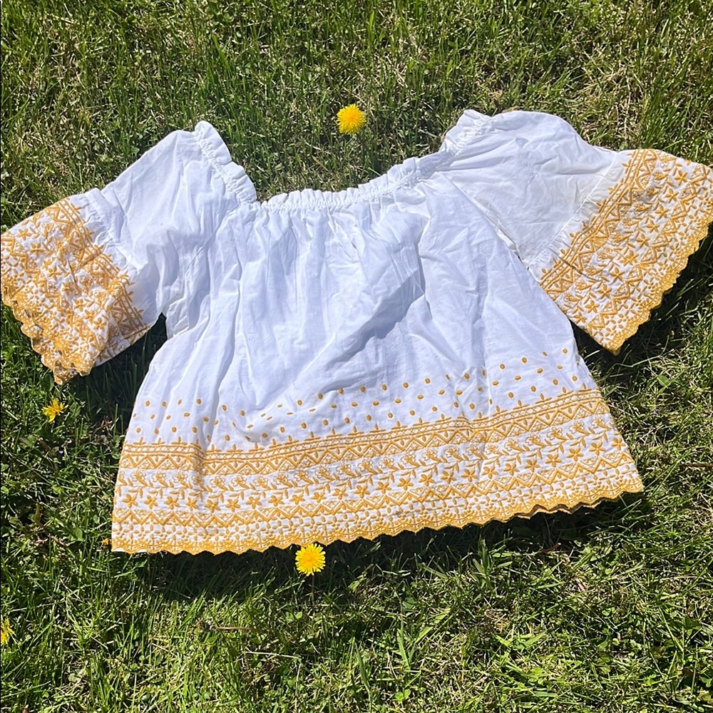 White and Yellow Off-Shoulder Blouse in